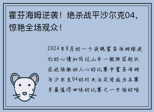 霍芬海姆逆袭！绝杀战平沙尔克04，惊艳全场观众！
